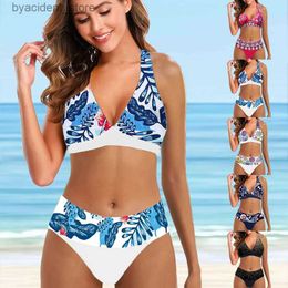 Women's Swimwear Women Beachwear Ladies Leaves Pattern Vest Tankini Swimwear Bathing Suit Two Pieces Bikini Set Swimsuits Beach Beachwear S-6XL L240308