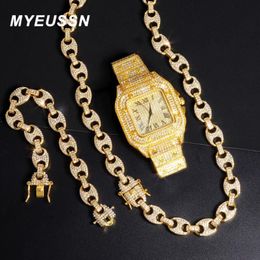 Chains Iced Out Watch Jewellery Cuban Link Necklace Men Pig Nose Chain Men's Gold Colour Bracelet Set Holiday Gift2138