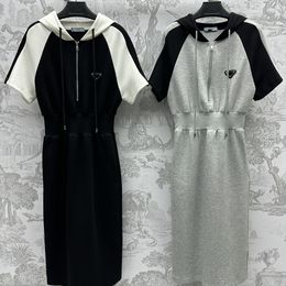 Designer women's casual dress spring and summer new sports all-in-one short-sleeved mid-length hooded jumper dress Size S-L
