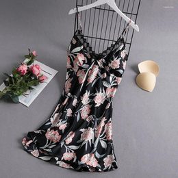 Women's Sleepwear Black Nightgown Sexy Rayon Sleepdress Print V-Neck Short Slip Dress Satin Nightdress Summer Home Dressing Gown