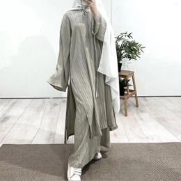 Ethnic Clothing Arab Muslim Women Modest Dress 2024 Mid Length Long Sleeve Wrinkled Pleated Robe Tops And Skirt Set Islam Abaya