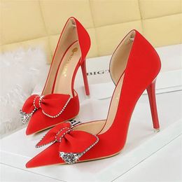 BIGTREE Night Club Stripper Fashion Women Woman Pumps Red Elegant Woman Heeled Sexy Light Pointed toe Diamond Bow Single Shoes 240304