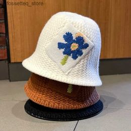 Wide Brim Hats Bucket Hats Korea Ins Flower Knit Beanie Hat Autumn Winter Dome Bucket Hats Women Casual Sweet All Match Fisherman Cs 6 Colours 56-58cm L240305