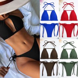 2024 New Single Bikini Solid Color Sexy Women's Split Tie Up Swimsuit