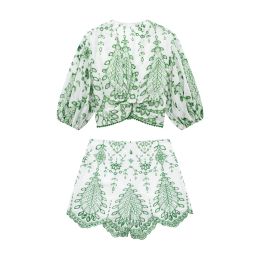 Shorts TRAF New Women Fashion Green Flower Hollow out Embroidery Shorts Lady Side Zipper Fly Hot Shorts Chic Pantalone Cortos