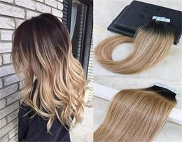 Human Hair Extensions Tape Remy Hair Full Head Balayage Colour 2 Fading to 6 Mixed Honey Blonde Skin Weft 100g 40Pcs Seamless1859525