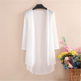 Cardigans Kimono Cardigan Women Summer Cardigan Feminino White Shirt XL5XL Boho Korean Long Sleeve Blouse 2022 Mesh Bohemian Top Blusa