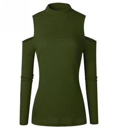 Autumn Winter Womens Sweater Shirts High Neck Knitted Cut Out Cold Shoulder Jumper Tops Green Red Apricot Grey Black4620646