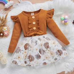 Girl Dresses Toddler Kids Girls Spring Summer Floral Bowknot Princess Dress Patchwork Ribbed Long Sleeves Tulle 1 2 3 4 5 Years