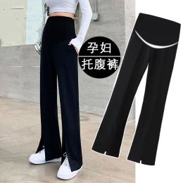 Capris Maternity Pants Wide Leg Pants High Waist Loose Thin Straight Casual Mopping Pants Pregnant Women Slit Flared Pants