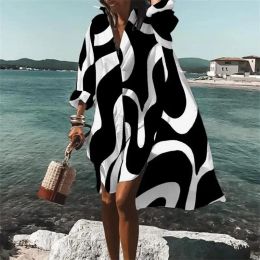 skirt Spring and Summer Beach Holiday Women Lapel Long Sleeve Print Loose Dress Casual Lazy Wind