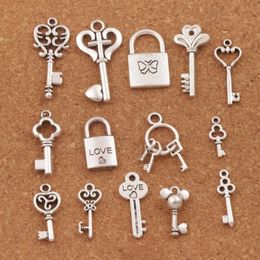140pcs lot mix Love Key Locket Charm Beads Antique Silver Pendant Jewellery DIY LM47 14styles236S
