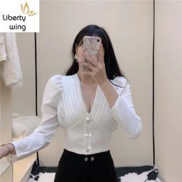 Shirts Spring Office Ladies Sexy Deep V Neck Blouse Tops Crystal Buttons Long Sleeve Womens Shirt Chiffon Business Work Slim Fit Shirts