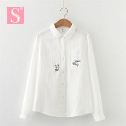 Shirts STVY Fish Bones Cat Embroidery Women Shirts Spring White Blouses Ladies Tops Female Blusas Camisa Double Cotton Yarns Clothes