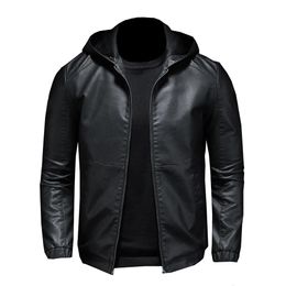 Casual Motorcycle PU Jacket Mens Winter Autumn Fashion Leather Jackets Male Slim Hooded Warm Outwear Fleece Clothing S-5XL 240227