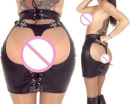 Skirt Sxxl Female Open Hip Buttock Exposing Bondage Skirt Wetlook Faux Leather Spanking Skirt Tight Fit Fetish Club Erotic Skirt