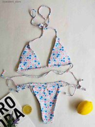 Women's Swimwear S - XL Polka Dots Flower Plaid Halter Bikini Women Swimwear Female Swimsuit Two-pieces Bikini set Bather Bathing Suit Swim K5324 L240308