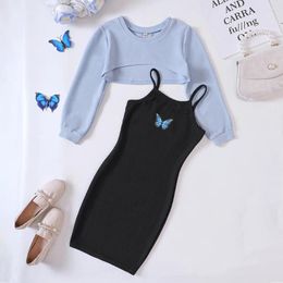 Clothing Sets Girls Spring Autumn 2Pcs Outfits Teen Kids Short Long Sleeved Top Strap Dress Children Fashion Clothes Suits For 5-14Y