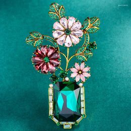 Brooches WEIMANJINGDIAN Brand Arrival Green Glass Crystal Flowers In Vase Vintage Decor