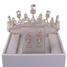 Popular Elegant Bridal Accessories Set Pearl Crystal Handmade Bridal Crown Earrings Jewelry Set For Women 2413