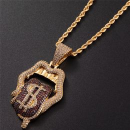Hip Hop Claw Setting CZ Stone Bling Iced Out Dollars Mouth Tongue Pendants Necklaces for Men Rapper Jewelry Drop 282E