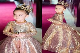 Sparkly Sequined Girls Pageant Dress Rose Gold Ball Gown Flower Girl Dresses Long Sleeves Kid Wedding Gowns5842004