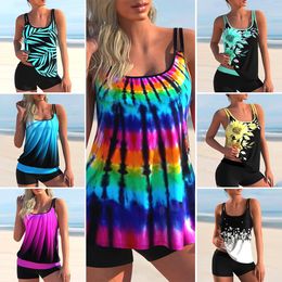 Women Sexy Backless Tankini Set Summer Sun Beach Swim Brief TrunksTank Two Piece Swimwear Gradient Print Split Swimsuit 240229