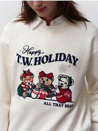 Women's Hoodies Christmas Winter Thick For Women White Color Bear Embroidery Oversize Loose Sweatshirt Tops Fleece Tees