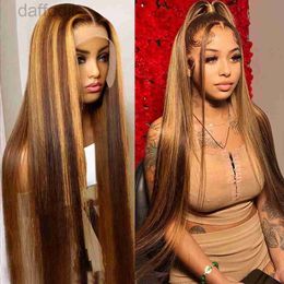 Synthetic Wigs Brazilian Highlight Brown Straight Lace Front Wig Human Hair For Women Lace Closure Wig Pre Plucked Honey Blonde Colored Cheap Wigs 240308