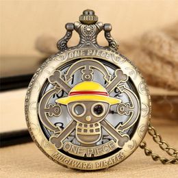 Vintage Bronze One Piece Pocket Watch Japanese Animate Pirate Skull Quartz Watches Men Women Kids Necklace Pendant Chain Clock Gif303r