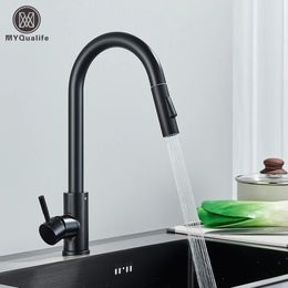 Black Kitchen Faucet Two Function Single Handle Pull Out Mixer and Cold Water Taps Deck Mounted 240301