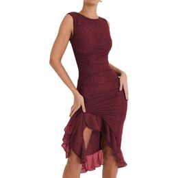 Womens Spring And Casual Dresses Summer Fashion Round Neck Sleeveless Dress Sexy Tight Backless Pleated Midi