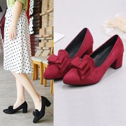 Dress Shoes 2024 Korean Fashion Butterfly Thick Heel Mid Pointed Velvet