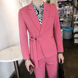 Suits 2021 Suit Set Belt Slim Fit Korean Suit 2 Piece Suit Blazer Men Tuxedo Suit Belt Blazer Suit Men Stylish Blazer Stage Party Club