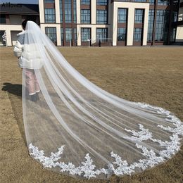 Trendy White Ivory Lace Appliqued Wedding Veils For Bride With Comb Elegant One Layer Tulle Long 3m 3 5m 4m 5m Bridal Veil Headpie253N