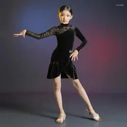 Stage Wear 2024 Children Latin Dance Dress Skirt Girl Women Costume Autumn And Winter Solid Color Long Sleeve Competition Practice Suit