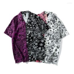 Mens Casual Shirts Purple Black Patchwork Vintage Shirt Y2K Summer Men Hawaiian Short Sleeve Mens Paisley Print Beach Man Oversize