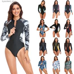 Women's Swimwear New Long Sleeve Printed One Piece Swimsuit Women Surfing Suit Wetsuit Fashion Bathing Swimming Suits Zipper Swimwear Woman L240308