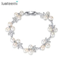 LUOTEEMI Elegant CZ Freshwater Pearl Bracelet Luxury Cubic Zirconia Women Flower Bridal Wedding Engagement Bracelets Jewellery 240308