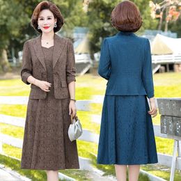 Work Dresses Autumn/Winter Green Silk Printed Suit Coat Long Sleeve Set Women's Loose Large Slim Knee Length Skirt Two Piece