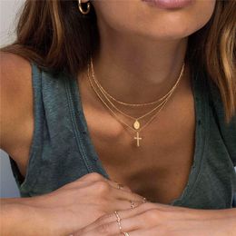 Religious Jewelry Gold Plated Multi Layered Necklace Dainty Stainless Steel Jesus Cross Pendant Necklace