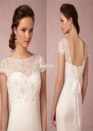 Vintage Bridal Lace Jacket Sheer Bateau Neck with Illusion Short Sleeves Beads Backless Sash Tie Up Wedding Jackets for Brides 2022775012