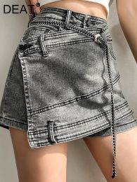 Skirts DEAT Fashion Women's Denim Skirt New High Waist Irregular Chain Spliced Grey Above Knee Skirts Female Tide Summer 2024 17A1443