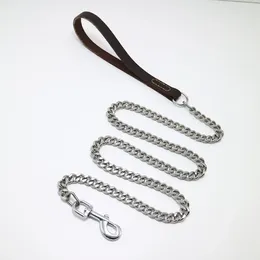 Dog Collars Stainless Steel Pet Chain Traction Rope Multi-choice Leather Handle Leash