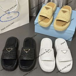 Women's luxury slippers Three Cornered Rattan Grass Woven One Word Slipper for Women with Square Head and Thick Soled Slippersw outdoor casual beach shoes