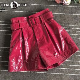 Women's Shorts Street Women Genuine Leather Sheepskin Fashion High Waist Wide Leg Brand Red Black Sashes Casual Female