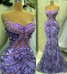 Aso April Ebi Lavender Mermaid Prom Drs Pearls Sequined Lace Evening Formal Party Second Reception Birthday Engagement Gowns Drs Robe De Soiree Zj5155 Es