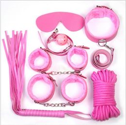 Adult Game 7 pcs Pink BDSM Bondage Restraints Set Kit Ball Gag Cuff Whip Collar Fetish Sex Toy Sets Leather Bondage Collar sm2200087