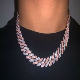 14mm Iced Pink cuban Link Prong Choker Necklace Silver rose Gold Cuban Link With White &Pink Diamonds Cubic Zirconia Jewellery 7inc265A