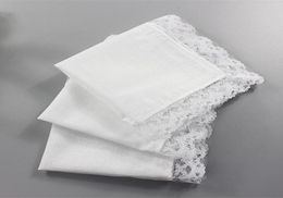 12PCS 23 25CM Cotton Ladies Handkerchief Pure White Handkerchief Small Square with Lace1425939
